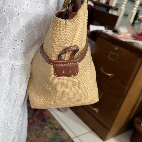 Fossil  straw satchel  Crossbody bag embroidered/beads tan/brown leather trim - Picture 9 of 17